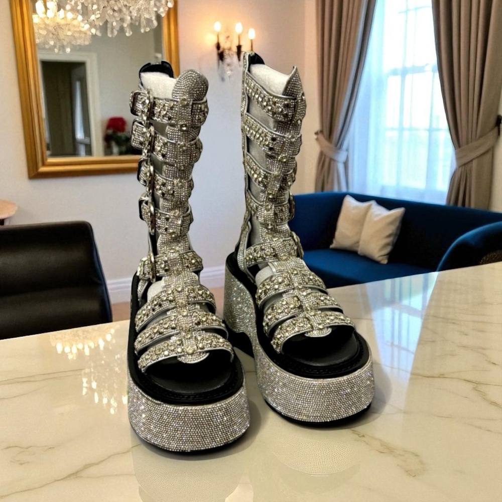 New wo Box Dolls Kill Club Exx Silver Rhinestone Dancing Rhythm Gladiator Sandal